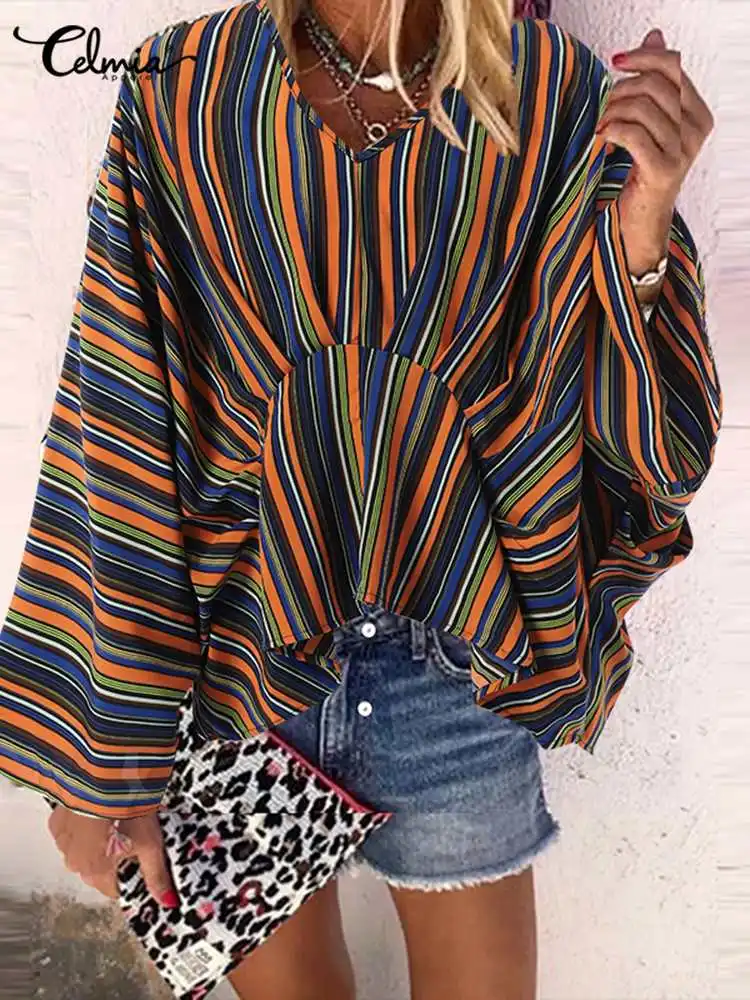 

Celmia Sexy V Neck Pleated Blouses Holiday Vintage Blusas Fashion Women Long Bat Sleeve Tunic Top Bohemian Colorful Stripe Shirt