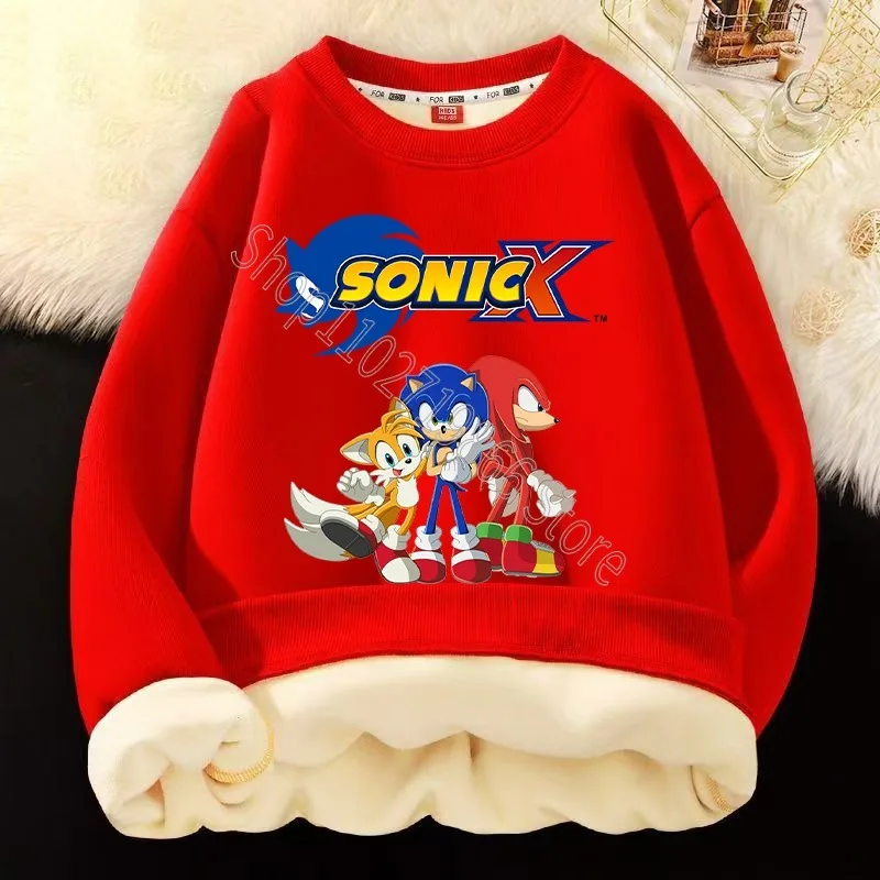Sonics Boys Girls Velvet Sweatshirt Kids Winter Thick Clothes Warm Comfortable Cartoon Anime Graphic Print Streetwear Party Gift