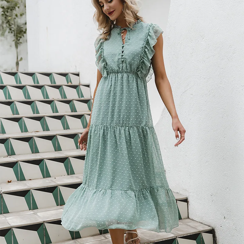 

ZITY Summer Loose Casual Ruffled Women Dress 2022 Holiday Beach Green Buttoned Long Dress Elegant Lady Sleeveless Bohemian Dress