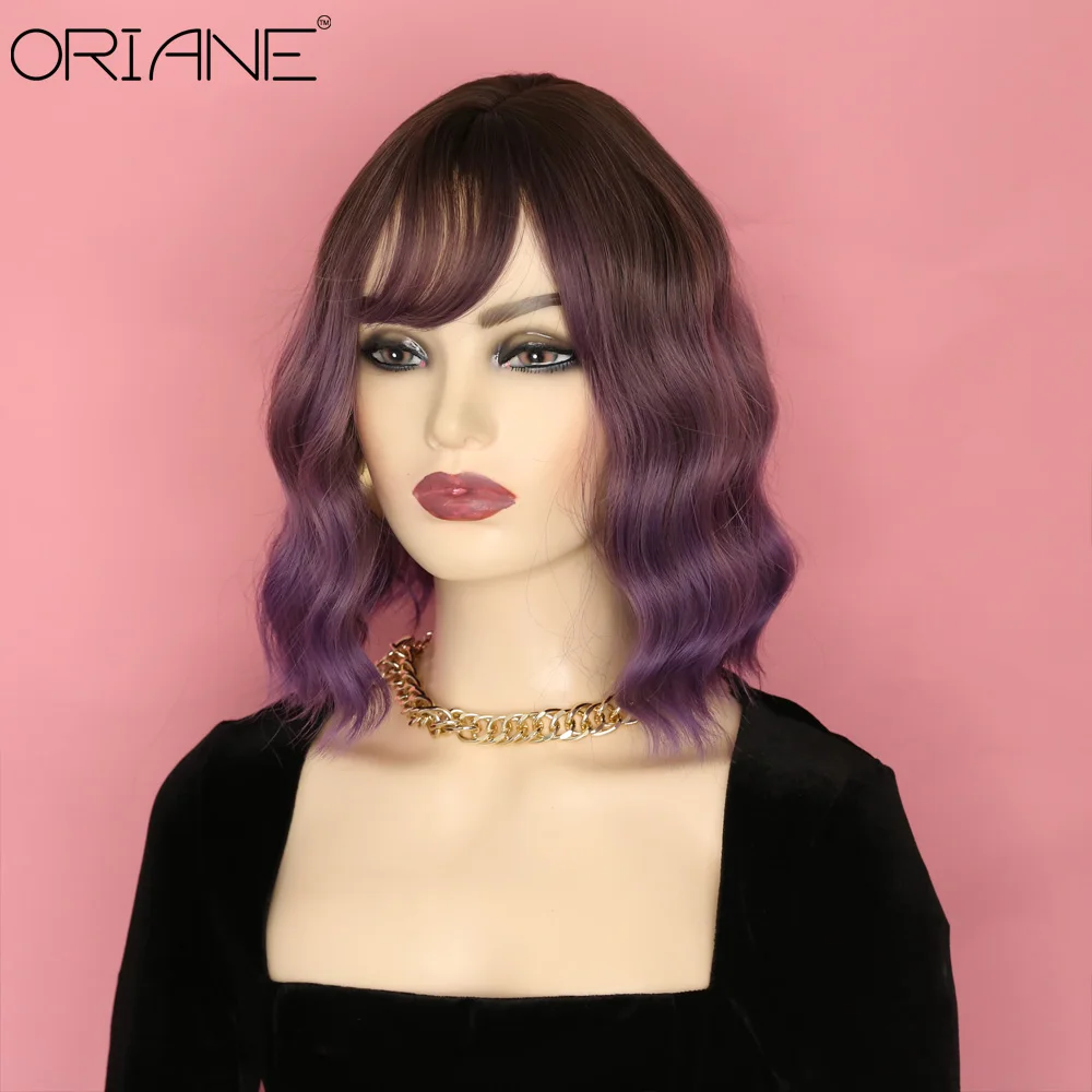

ORIANE Grey Purple Synthetic Wigs With Bangs For Women Short Wavy High Temperature Fiber Wigs Girls Natural Soft Cosplay Wig