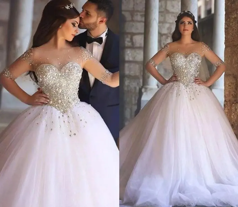 

Vestidos De Novia Luxury Bead Crystal Half Sleeves Wedding Dresses 2023 Sheer Back Tulle Arabic Dubai Bridal Gowns Robe Mariee