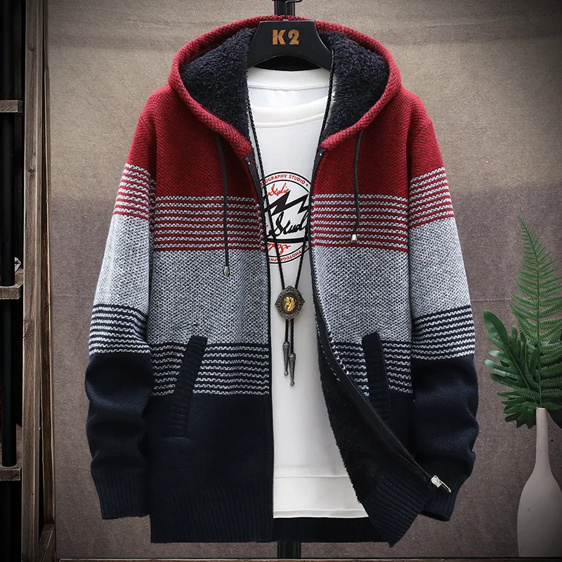 2022 Autumn/Winter Men's Casual Cardigan Zip-up Sweater and Fleece Anorak Men's Knit Hooded Coat Sweater for Men