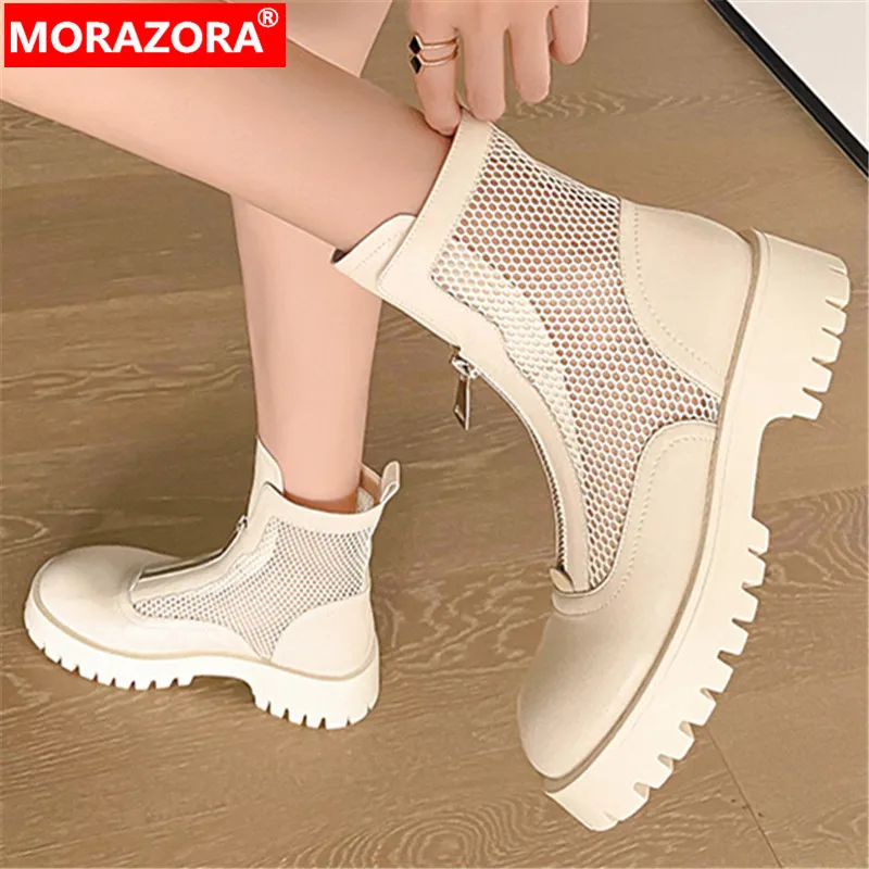 

Женские ботильоны на молнии MORAZORA, Черные ботильоны из натуральной кожи на толстом среднем каблуке, с круглым носком, лето 2022