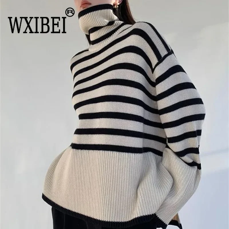 

WXIBEI Striped Turtleneck Sweaters For Woman Autumn And Winter Gentle Style New Simple Pullover Outside Wearing Top Women YYF002