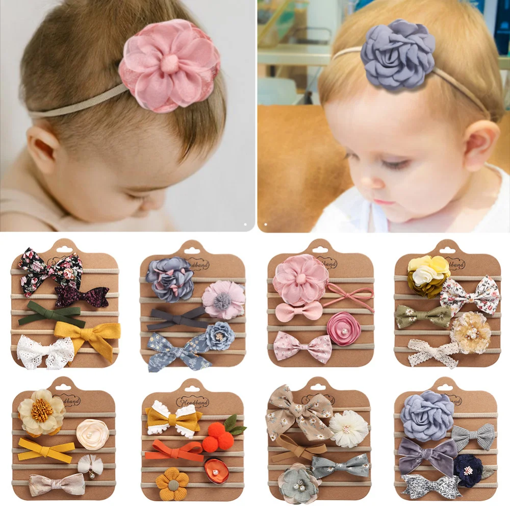 

5Pcs/Set Baby Bows Headband Lace Flower Print Nylon Cotton Kids Hair Bands Children Girls Elastic Headwear Hair Accessories