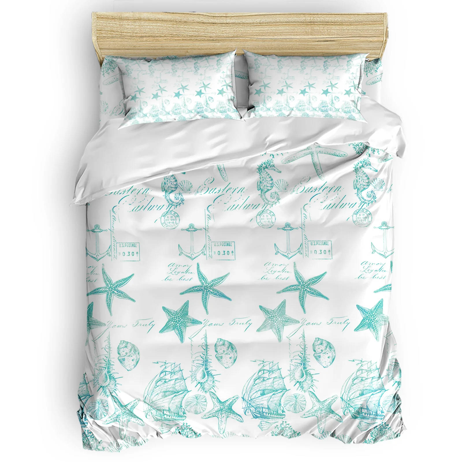 Aqua Ocean Starfish Shell Coral Vessel Texture Comfortable Household Goods Bedroom Bed Luxury Duvet Cover 2/3/4 Pieces | Дом и сад