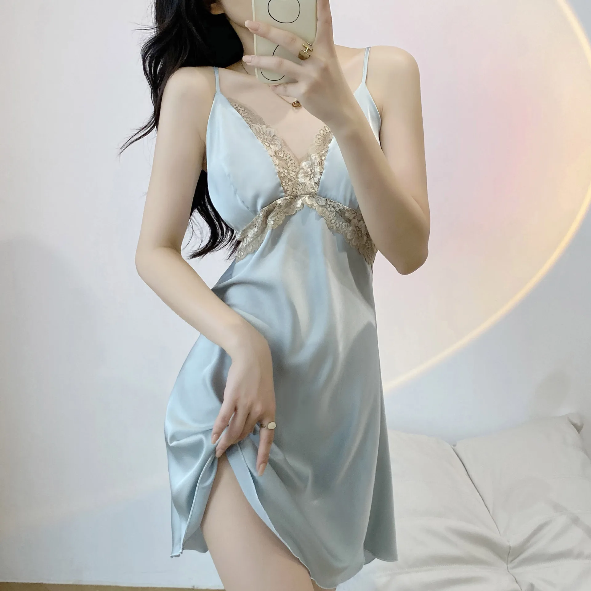 

Nightgown Summer Lace Satin Patchwork Sleepwear Nighty Gown Lingerie Women V-Neck Strap Sleepdress Nightwear Home Wear