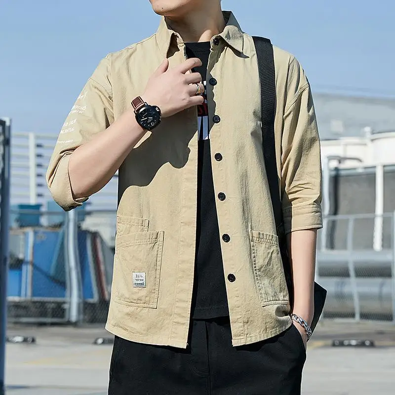 

Рубашка мужская для инструмента в японском стиле, свободная повседневная хлопковая блузка с рукавом до локтя, однотонная, весна-осень