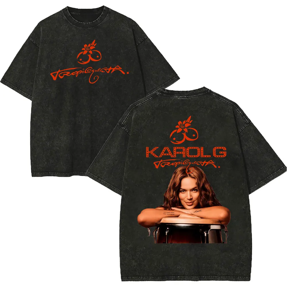Фото Винтажная футболка с эффектом потертости Karol G Tropicoqueta Tour 2026, модная уличная одежда, трендовые футболки для мужчин и женщин, летняя повседневная свободная футболка №4