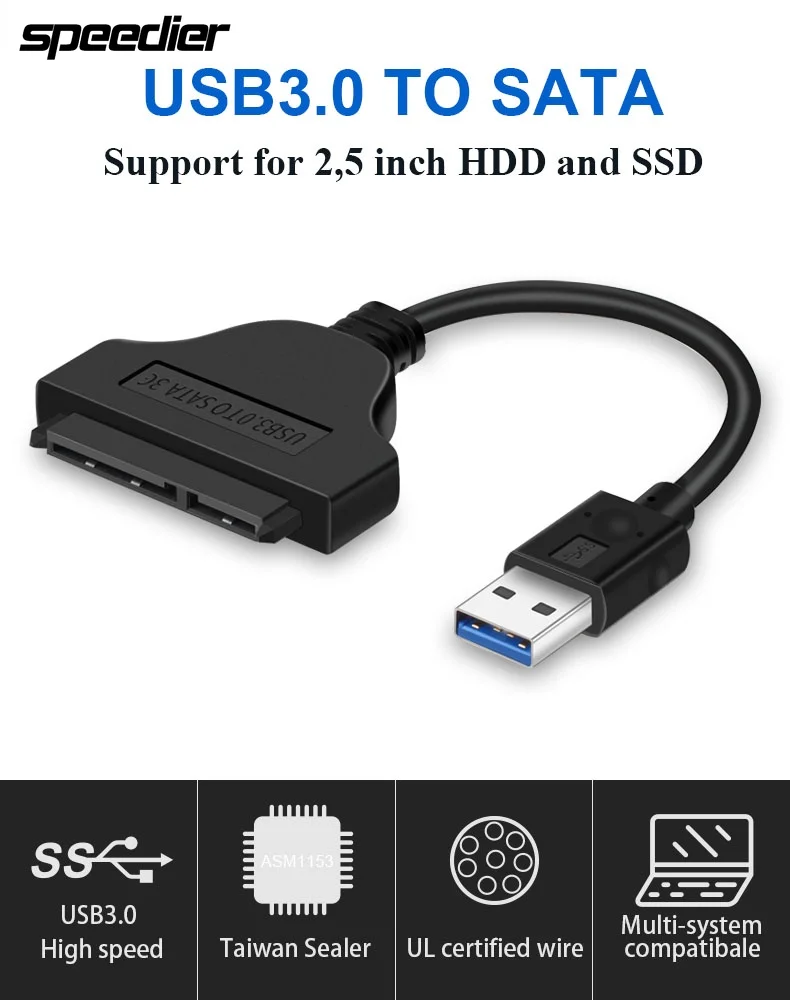 

Кабель-адаптер для жесткого диска с USB 3,0 на SATA III 22pin, совместимый с 2,5 дюймовым HDD и SSD