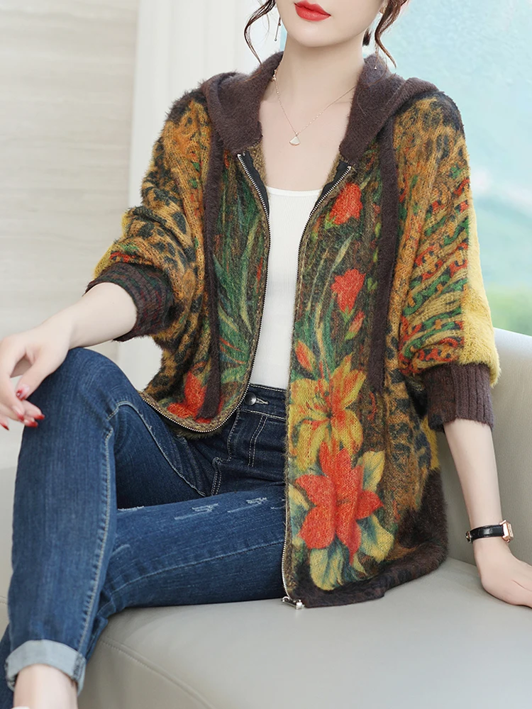 

Женский вязаный кардиган с капюшоном, винтажный свитер с длинным рукавом «летучая мышь», Свободный кардиган на молнии в стиле Харадзюку на осень