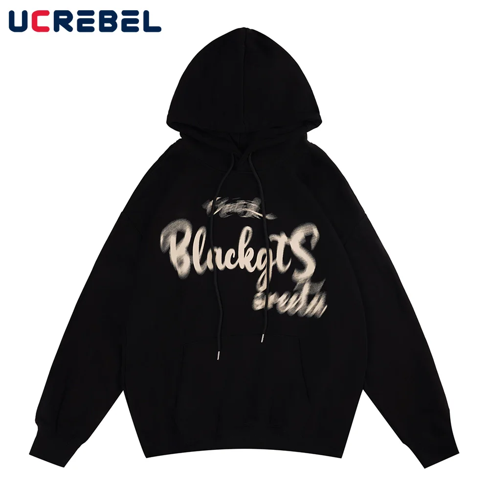 

Letter Print Shoulder Drop Hoodies Mens Autumn Retro Loose Sweatshirts Streetwear Pocket Casual Sports Pullover Men