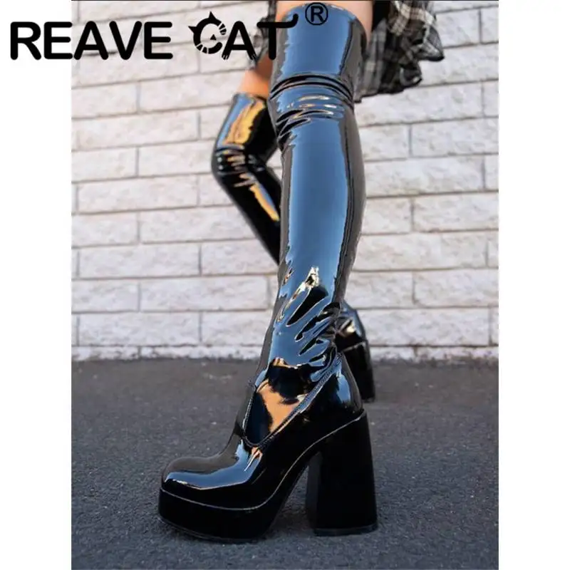 

REAVE CAT Females Thigh Boots 58cm Chunky Heels 10.5cm Platform 4cm Slip On Stretchy Booties Big Size 42 43 Solid Fashion Shoes