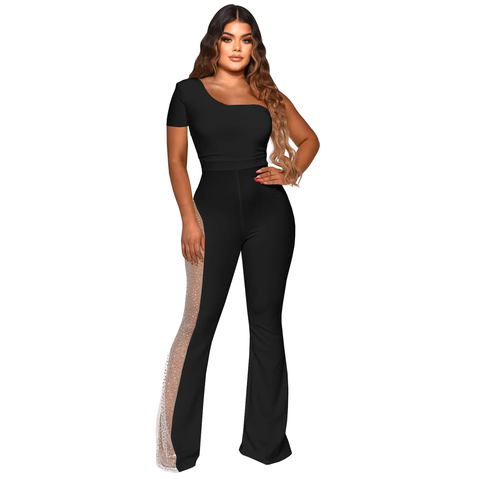 MUDAN Women Short Sleeve One Shoulder Diamonds Mesh Patchwork Straight Wide Leg Jumpsuit 2023 Sexy Playsuit One Piece Set