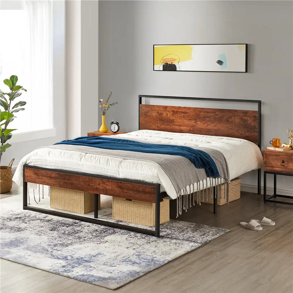 

Alden Design Industrial Metal and Wood Platform Queen Bed, Rustic Brown