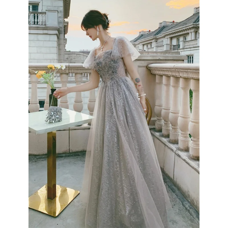 

Evening Dress Female Gray Annual Meeting New Spring Long Banquet L0737