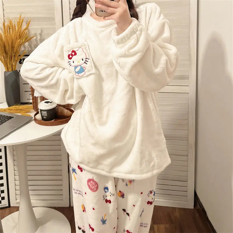 

Kawaii Sanrio Plush Hello Kitty Kuromi My Melody Cartoon Lovely Girl Pajamas Winter Cold Proof Warm Home Clothing Children Gift