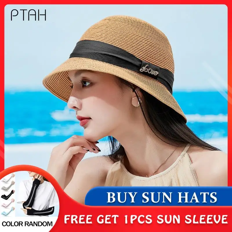 

[PTAH] Summer Hat Women Sun Hat UPF 50+ Wide Brim Roll-up Straw Lightweight Foldable Beach Cap Breathable Sun Protection Visors