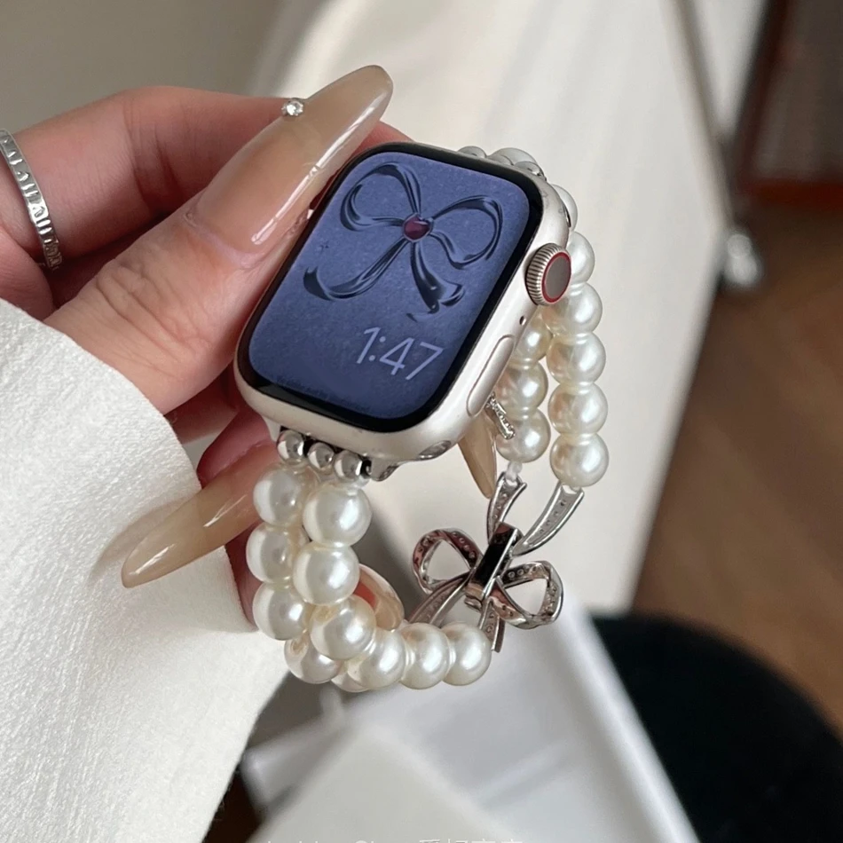 Фото Роскошный эластичный ремешок с бантом и жемчугом для Apple Watch Band S10 9 8 7 6 SE 5 4 3 38/40/41/42/44/45/46/49 мм браслет IWatch Ultra 2 №2