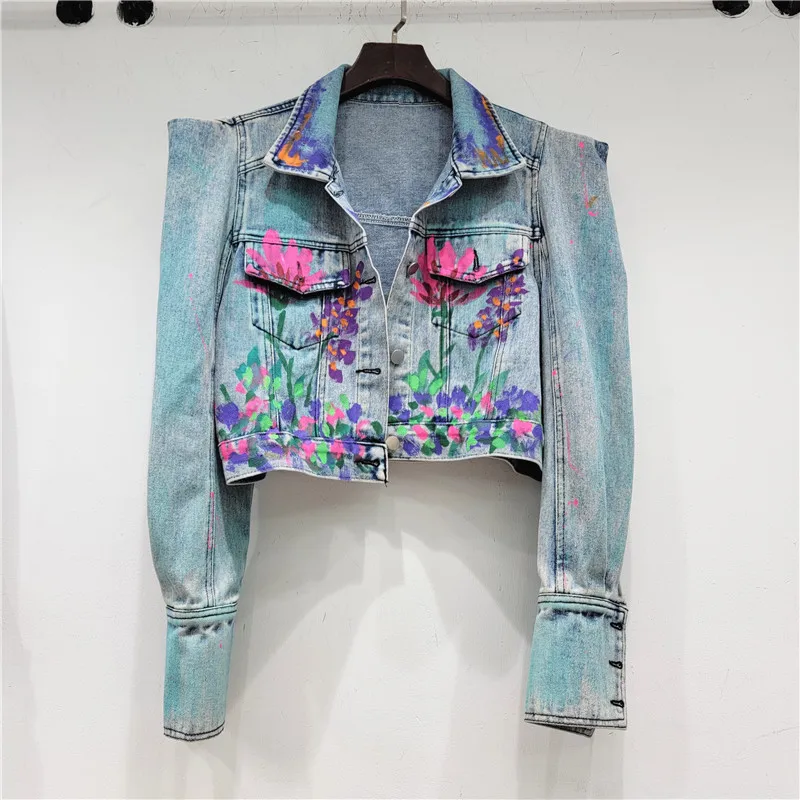 

Vintage Blue Hand Paint Denim Jacket Women High Waisted Slim Short Cowboy Outerwear Spring Autumn Korean Jeans Jackets Female