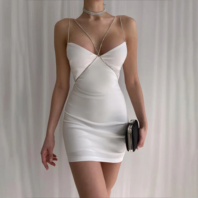 

Women's 2022 Sexy Deep V Backless Dress Party Clubnight Summer New Skirt Solid Color Sexy Chain Suspender Hip Wrap Dress