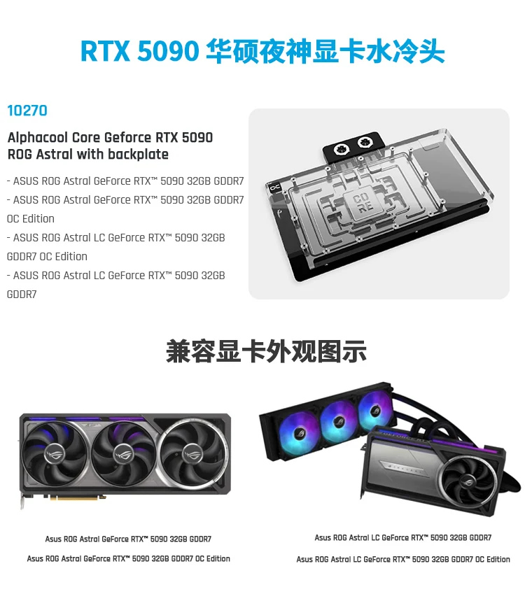 Водяной блок Alphacool Core для Asus ROG Astral (LC) GeForce RTX ™   5090 32 ГБ GDDR7 (OC Edition) Кулер для видеокарты (art.: 3920cdd9bb7ea) - 3920cdd9bb7ea