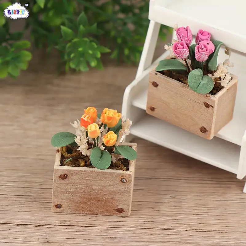 

1Pc 1:12 Dollhouse Miniature Potted Plant Tulip Flower Pot Model Garden Simulation Flowers Decor Living Scene Decor Toy