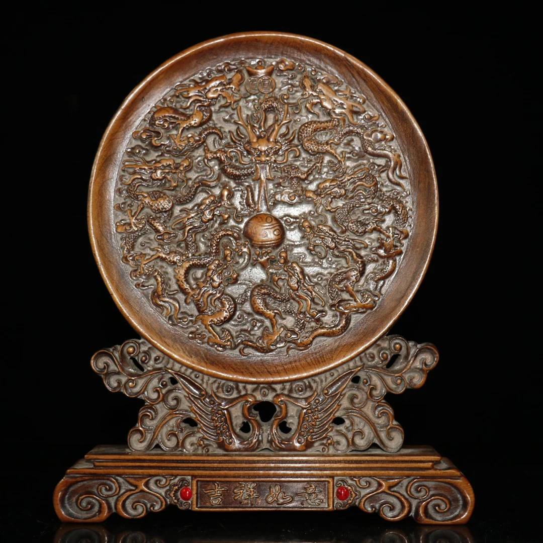

14" Chinese Folk Collection Seikos Boxwood Nine Dragons Playing Pearls screen table plaque Gather fortune office ornament