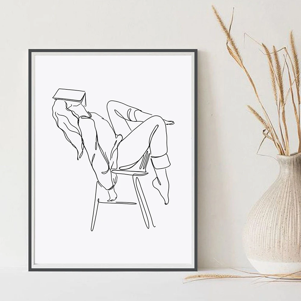 Кофейная абстрактная девушка Книга линия рисунок Художественная печать черный