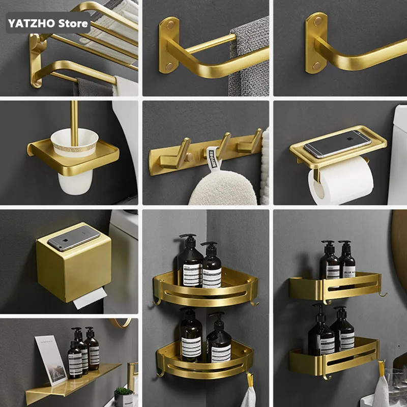 

Gold Brushed Bathroom Aluminum Accessories Hardware Set Wall Mount Storage Rail Toilet Paper Holder Towel Rack Hook Toilet Brush