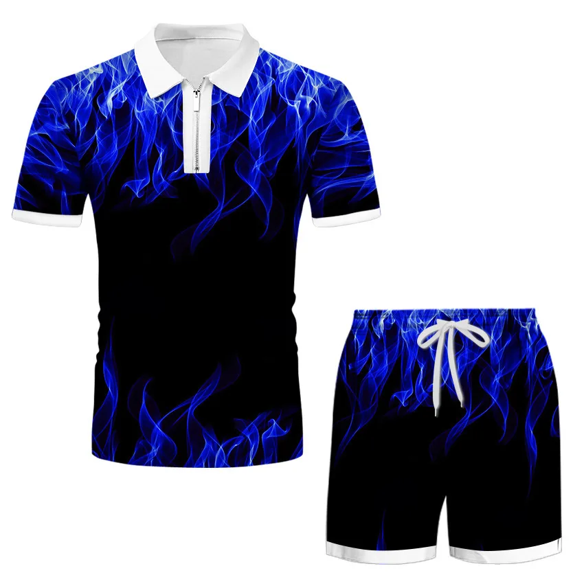 

Summer New Men's 3D Print Polo Shirt Suit Men's Slim Short Sleeve Jogging Zipper Short Top Sports Suit Two-Piece Set