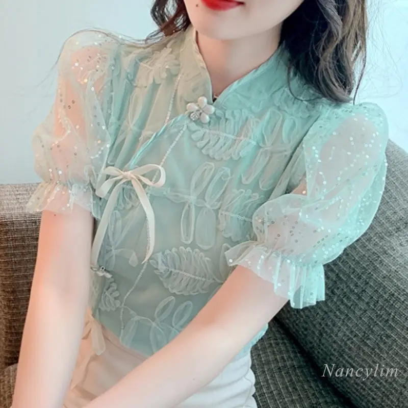 

2023 Summer Short-Sleeved Chiffon Mesh Shirt Women's Clothing New Design Sequines Puff Sleeve Lace Top Super Fairy Blusas Mujer