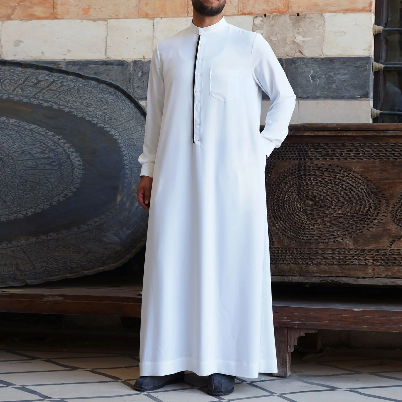 

Ramadan Eid Muslim Fashion Men Robe Middle East Arabian Abayas Dubai Turkish White Islamic Clothing Buttons De Moda Musulmana