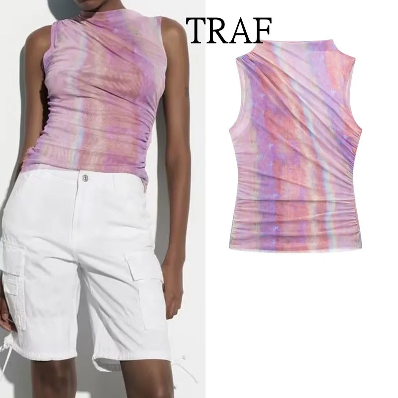 

Топ женский летний из тюля с принтом, без рукавов, с рюшами