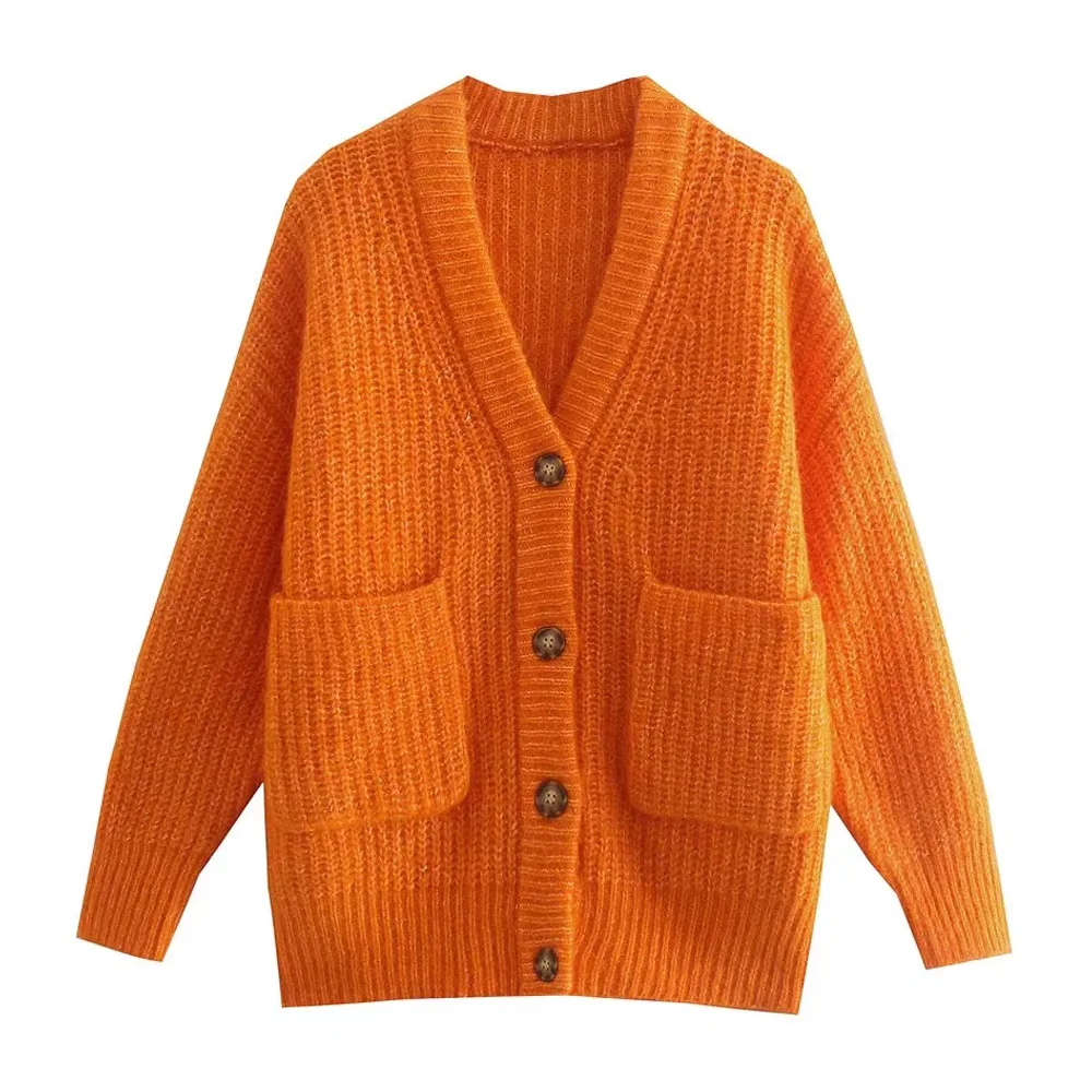 

Женский свободный вязаный кардиган Za, винтажный свитер на пуговицах с длинными рукавами и карманами, верхняя одежда, шикарные топы