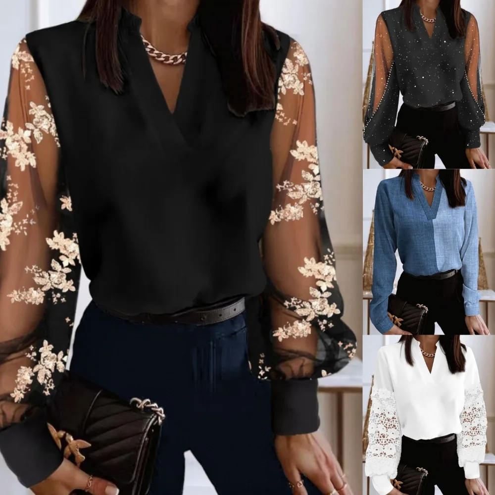 Белые кружевные лоскутные пуловеры рубашки блузки женские весенние с v-образным