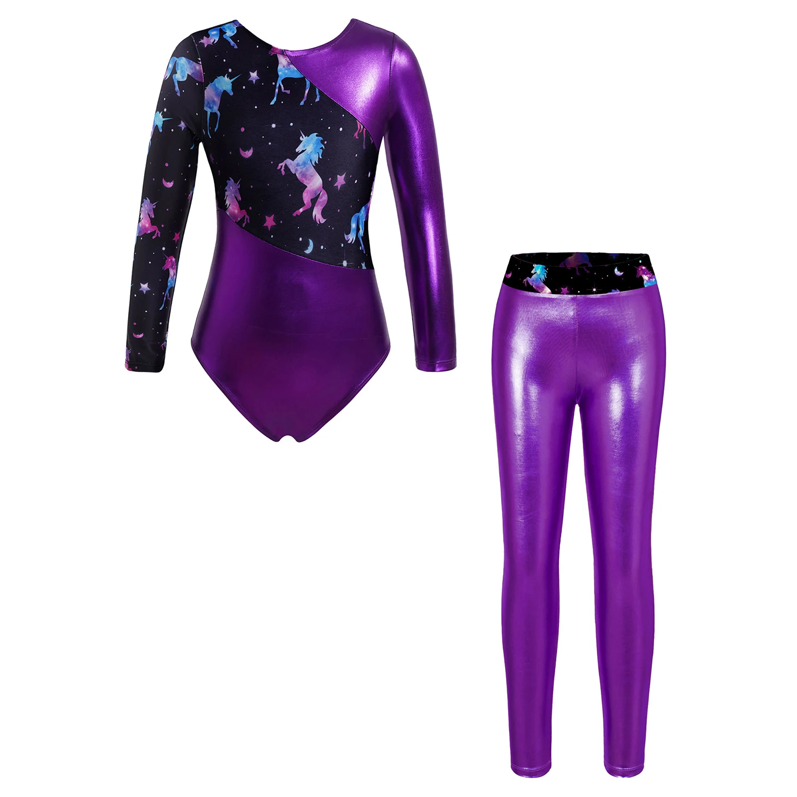 Kids Girls Gymnastics Leotards Long Sleeve Ballet Dancewear Colorful Print Athletic Yoga Workout Skating Outfit with Leggings