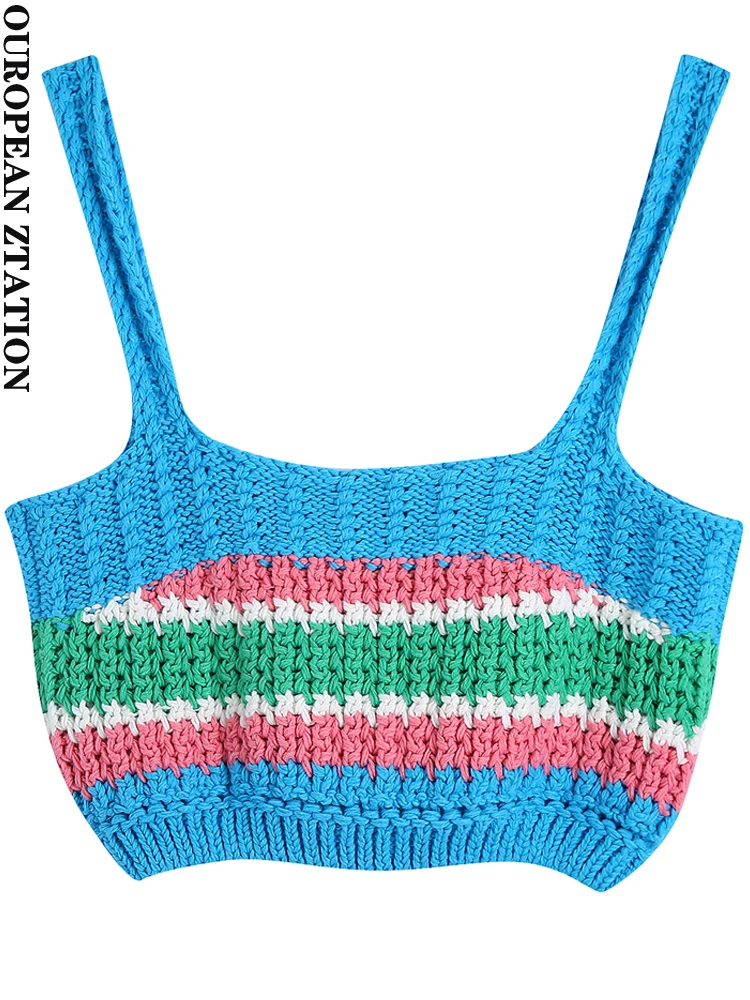 

PAILETE Women 2022 fashion striped knit cropped tank tops vintage straight neck thin straps female camis mujer