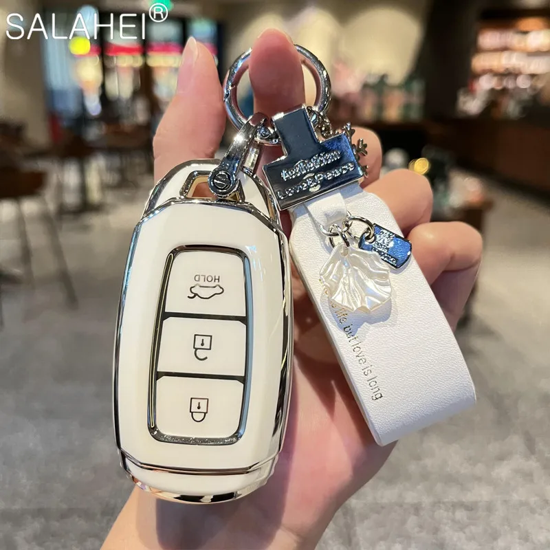 

TPU Car Key Case Anti-Lost Number Plate Keychain For Hyundai Santa Fe TM 2019 I30 2018 Solaris Azera Key Full Cover Accessories