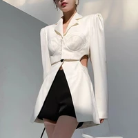 white casual blazer for women notched long sleeve hollow out korean straight blazers female 2022 spring fashion new
