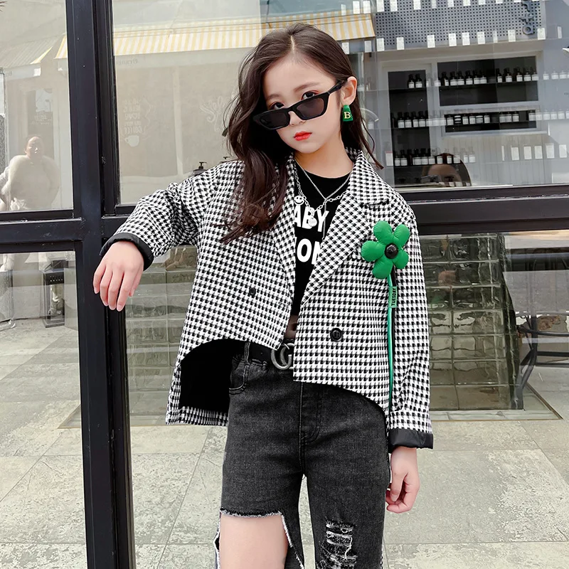 

Блейзер для девочек, модная весенне-осенняя новая куртка с цветами, детская одежда, клетчатая верхняя одежда неправильного дизайна, топы дл...