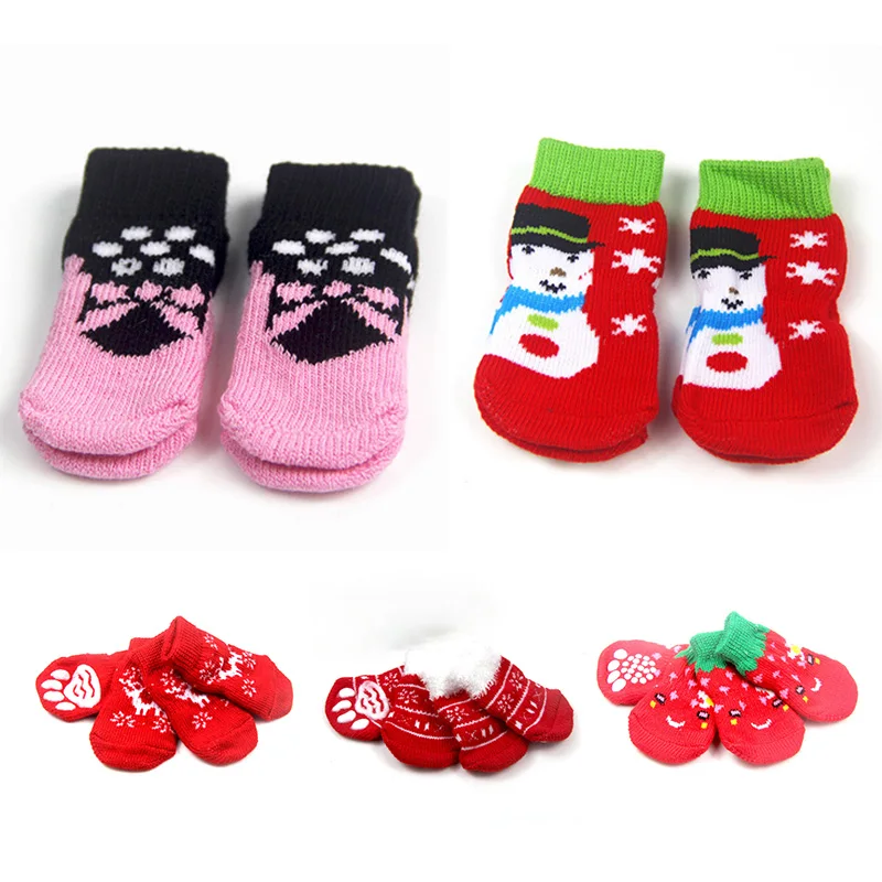 

4Pcs/Set Pet Socks Keep Warm Paw Protector Christmas Pattern Cotton Elastic Socks Non-slip Puppy Dog Accessories