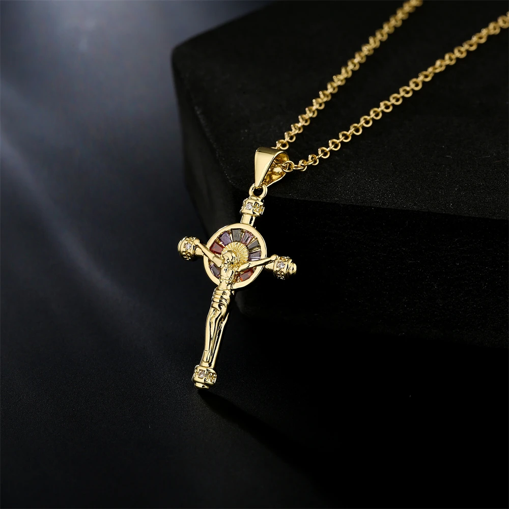 

NEWBUY Fashion Female Cross Pendants Dropshipping Gold Color Crystal CZ Zircon Jesus Cross Pendant Necklace Jewelry Wholesale