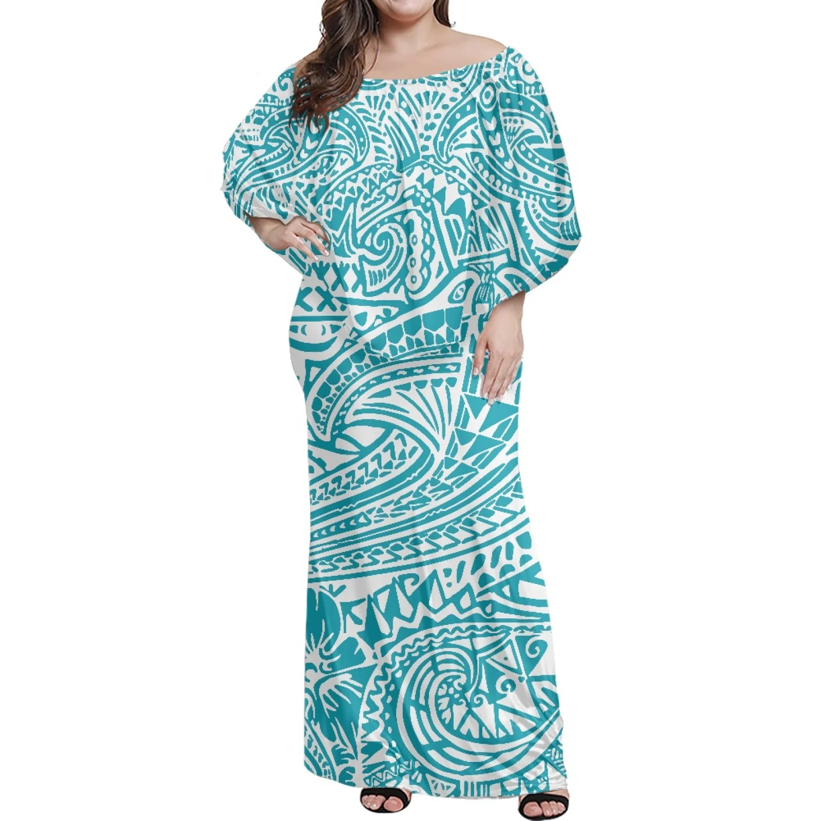 

Hot selling Hawaiian Samoa Fashion Print Women's Off-Shoulder Dress With Lotus Sleeves Thin Women's Sheath Party Dress Summer
