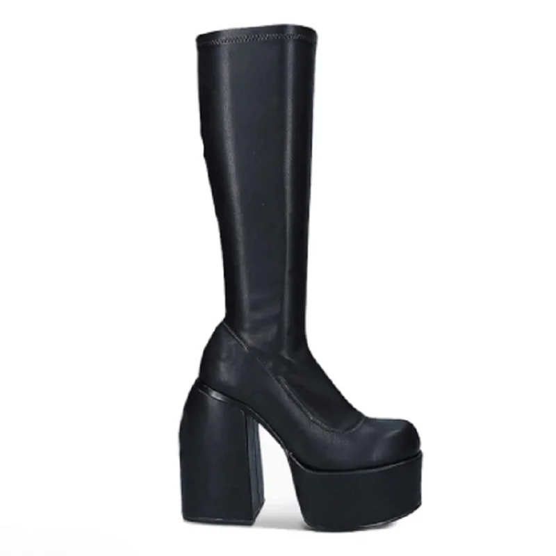 Punk Fall Winter Boots Elastic Microfiber Shoes Women's Ankle Boots High Heels Black Platform Long Knee High Boots Fashion Boots