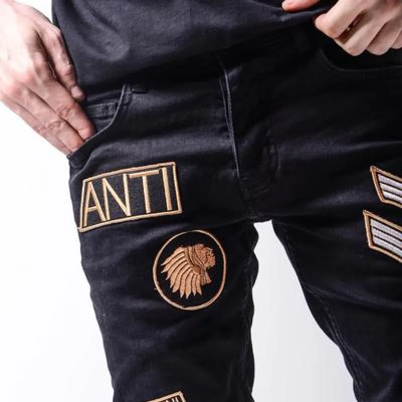 New Trend Mens Jeans Patch Embroidery Elastic Slim Men Pencil Pants Fashion Solid Color Patchwork Denim Pants Boyfriend Jeans