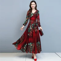 2022 spring autumn new women clothing waist thin temperament floral chiffon dress long section noble lady high end western style