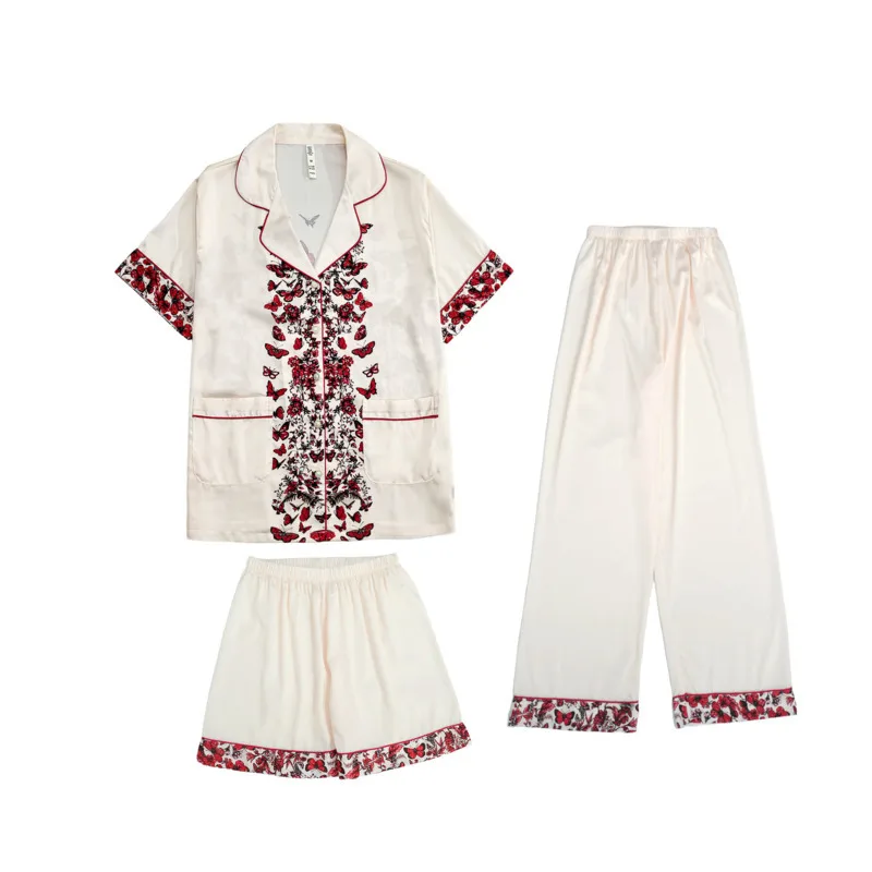 2024 всесезонная пижама из трех предметов ледяного шелка женский комплект с