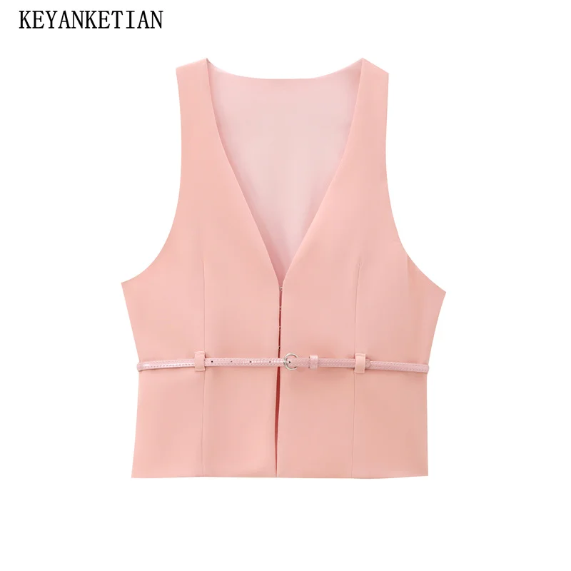 Новинка 2024 Женский облегающий жилет-футляр KEYANKETIAN с ремнем розовый тонкий