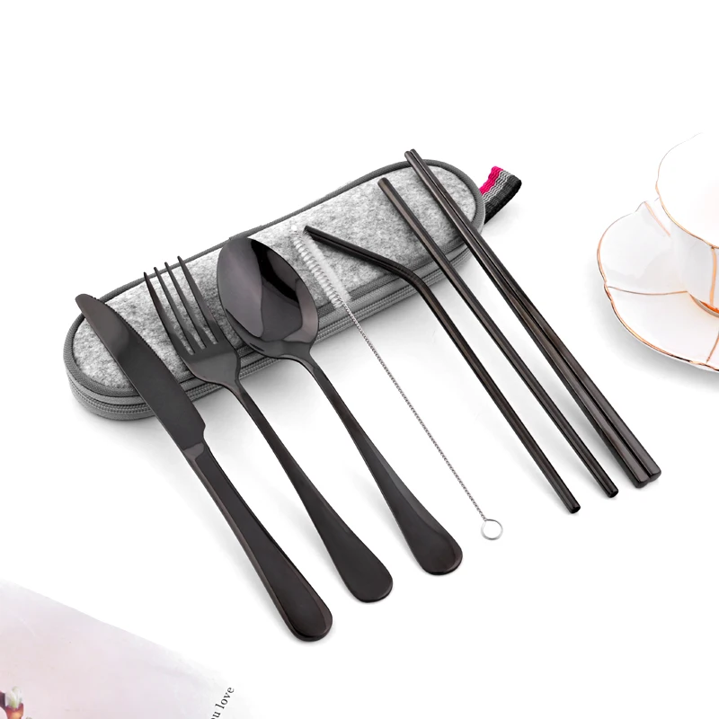 

AJOYOUS 8pcs Travel Cutlery Set Portable Camping Cutlery Black Stainless Steel Dinnerware Set with Straw Brush Chopsticks Set